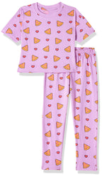 T2F Girls Cotton Printed Oversized Fit Crop Top and Pant Pajama Set Lavender
