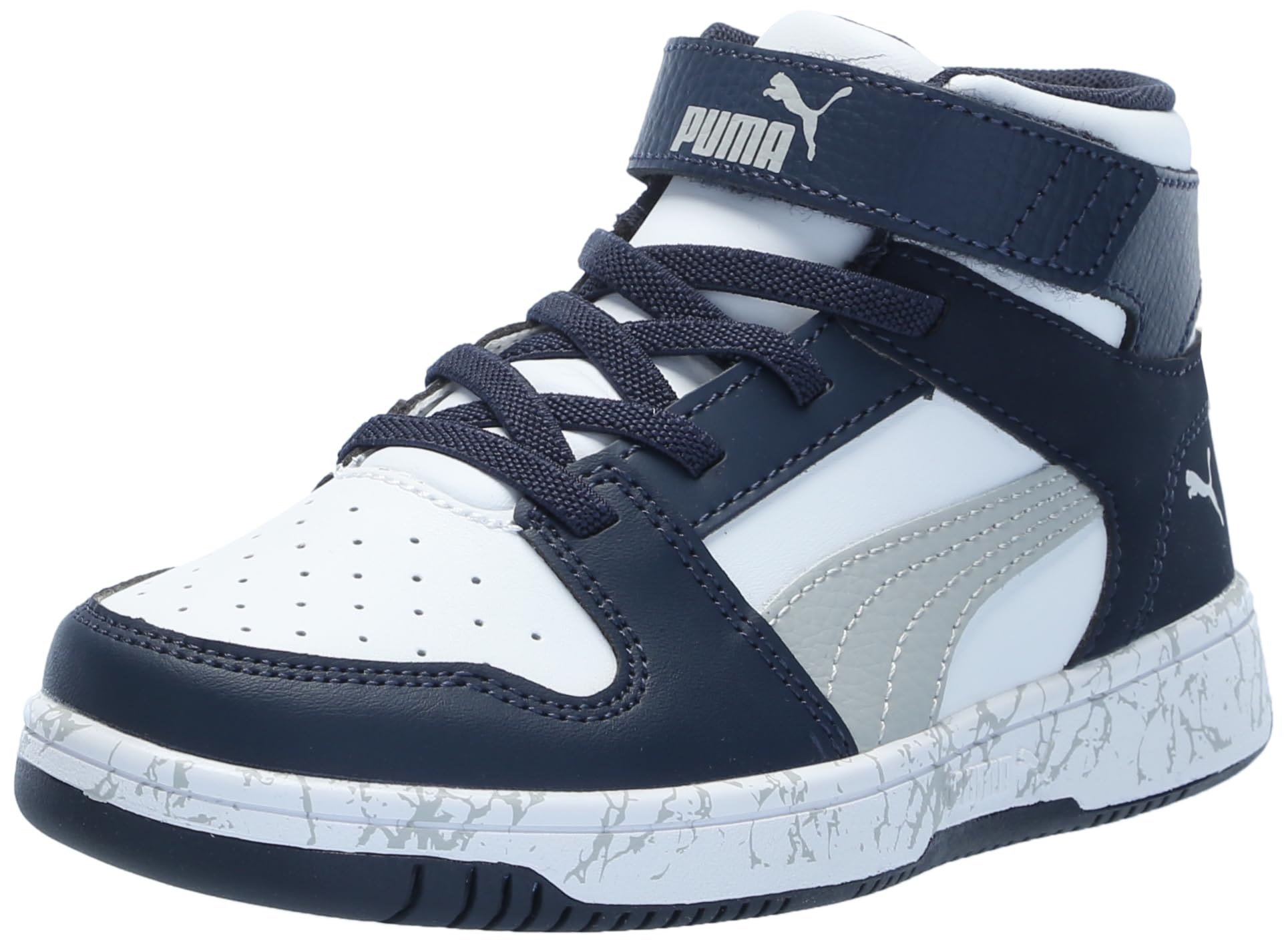 PUMA Rebound Layup Mid Hook and Loop Sneaker, White-Flat Light Gray-Club Navy, 12 US Unisex Little Kid