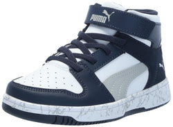 PUMA Rebound Layup Mid Hook and Loop Sneaker, White-Flat Light Gray-Club Navy, 2.5 US Unisex Little Kid