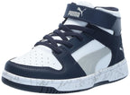 PUMA Rebound Layup Mid Hook and Loop Sneaker, White-Flat Light Gray-Club Navy, 11.5 US Unisex Little Kid