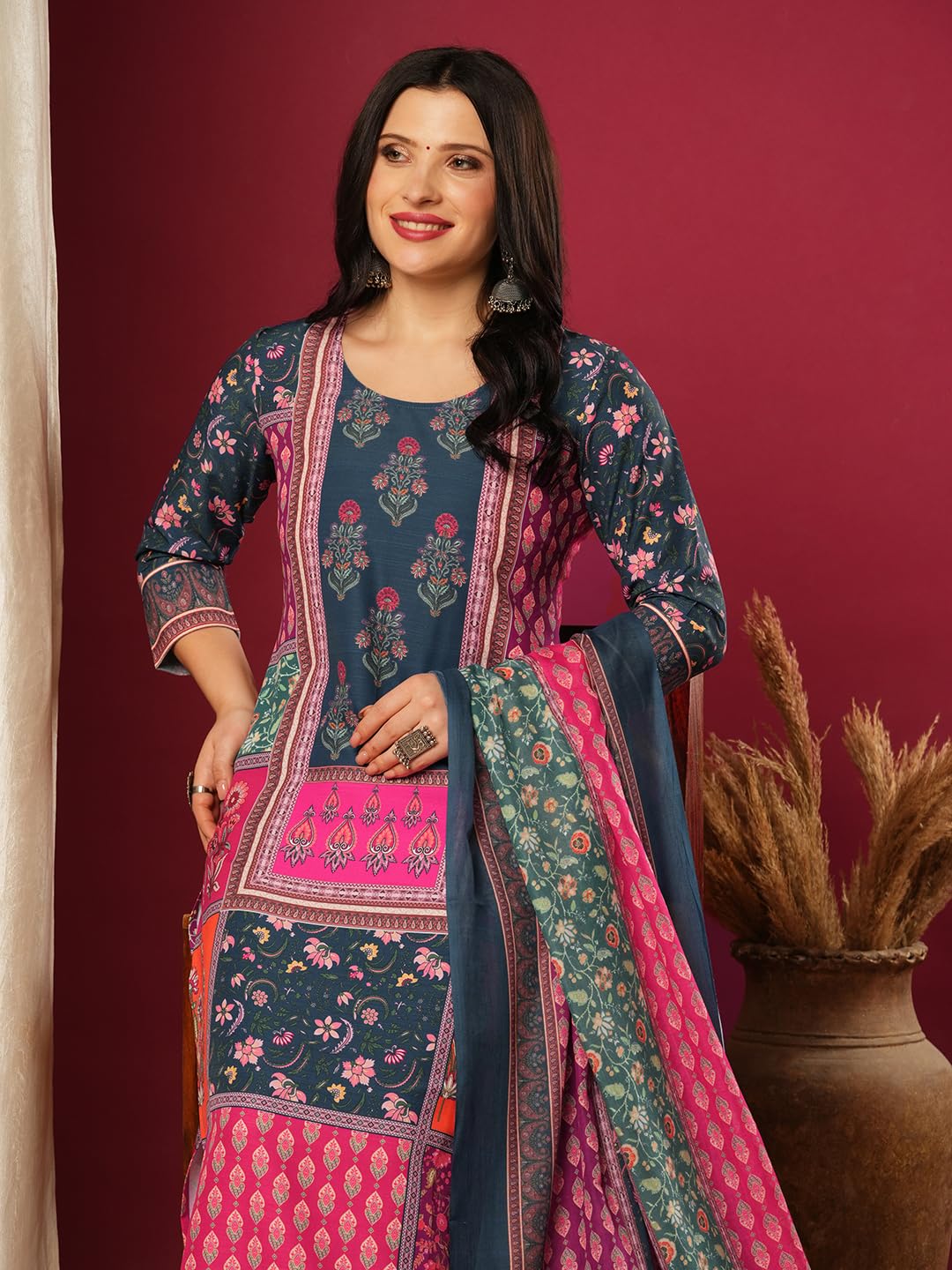 ANNI DESIGNER Women s Rayon Viscose Print Straight Kurta with Pants & Dupatta, Multicolored, L