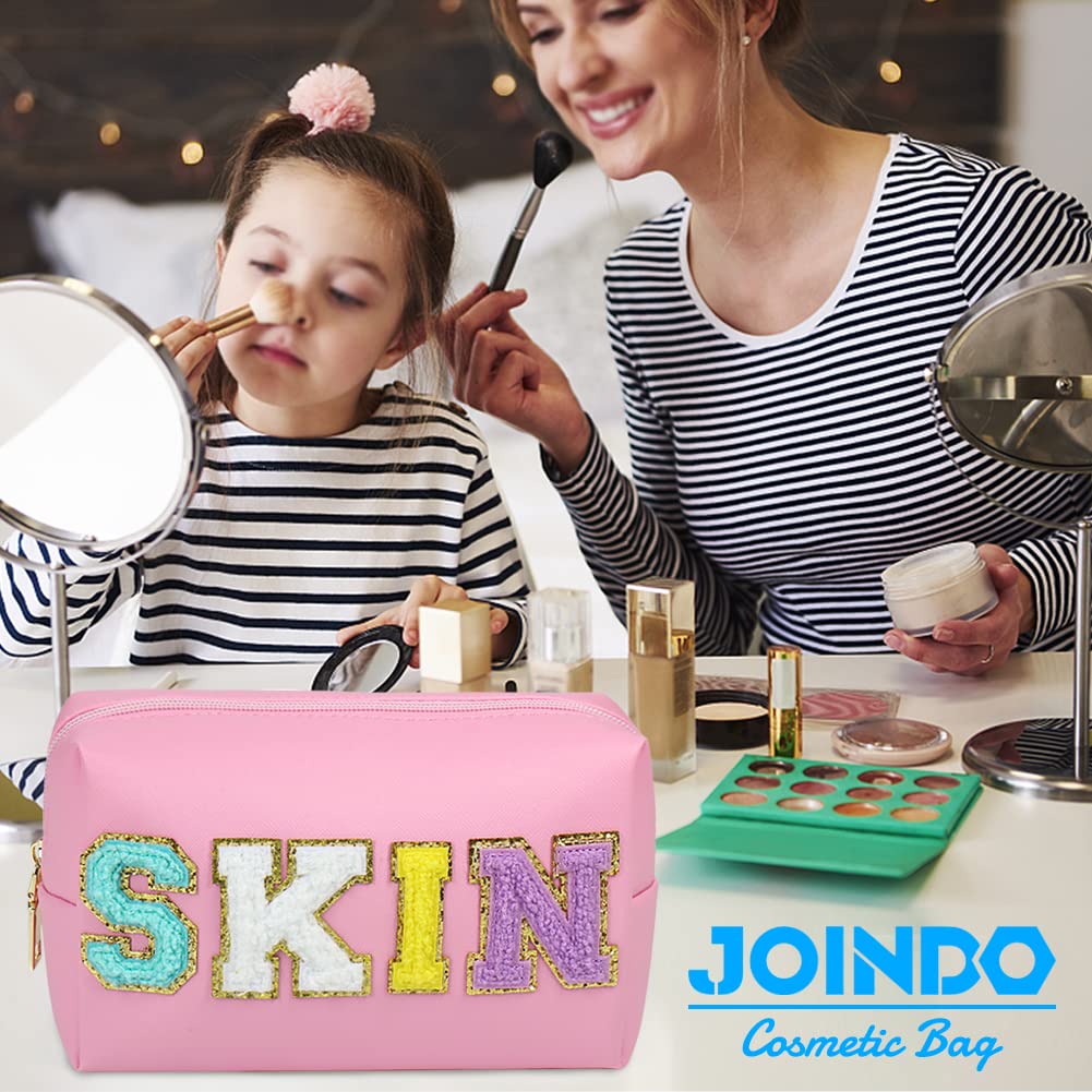 JOINDO Preppy Makeup Bag, Skin Makeup Bag,Chenille SKIN Letter Cosmetic Bag, PU Leather Skincare Toiletry Bag, Cute Travel Organ