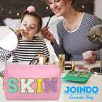 JOINDO Preppy Makeup Bag, Skin Makeup Bag,Chenille SKIN Letter Cosmetic Bag, PU Leather Skincare Toiletry Bag, Cute Travel Organ