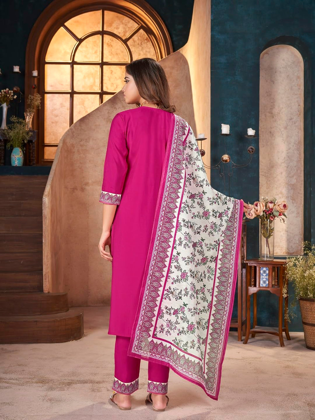 Stylum WomenS Magenta Solid & Embroidered Silk Straight Kurta Pant Dupatta Set