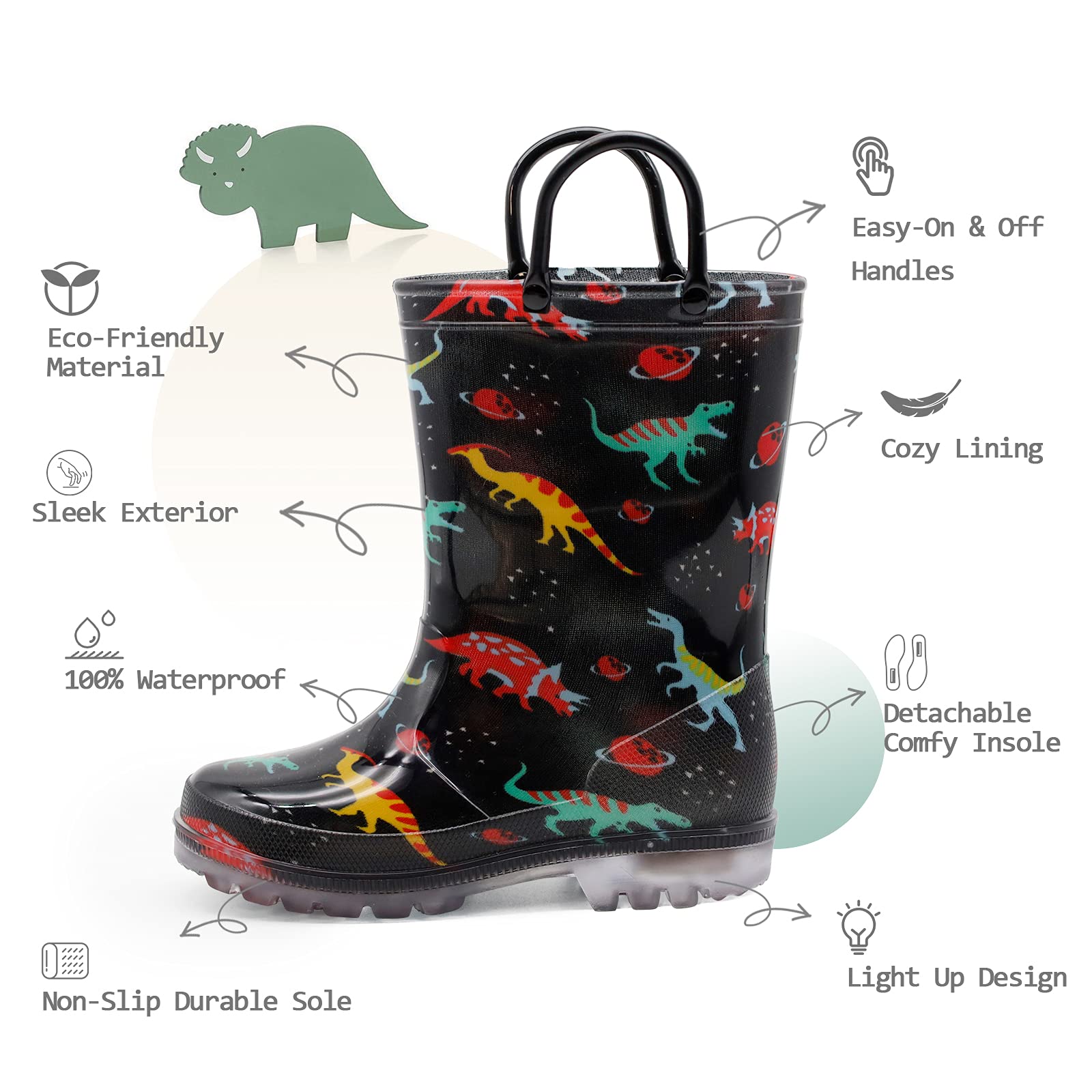 EUXTERPA Toddler-Kids Waterproof Light Up Rain Boots with Handles for Boys Little Kid size 13 Black Dinosaur