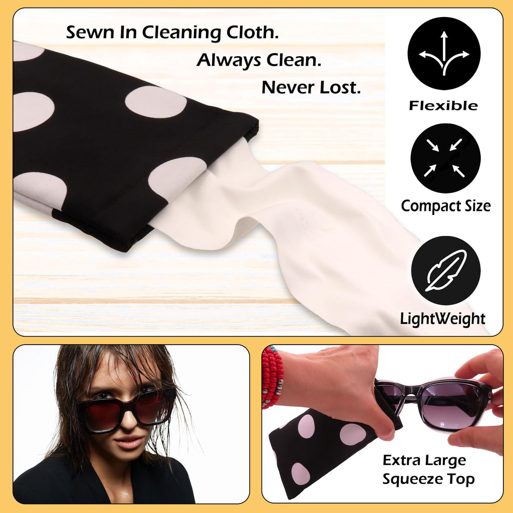Polka Dots Soft Sunglasses case - Large Eyeglass case Squeeze Top - XL Glasses Holder w/Cloth, Medium To Oversized Frames, Smart