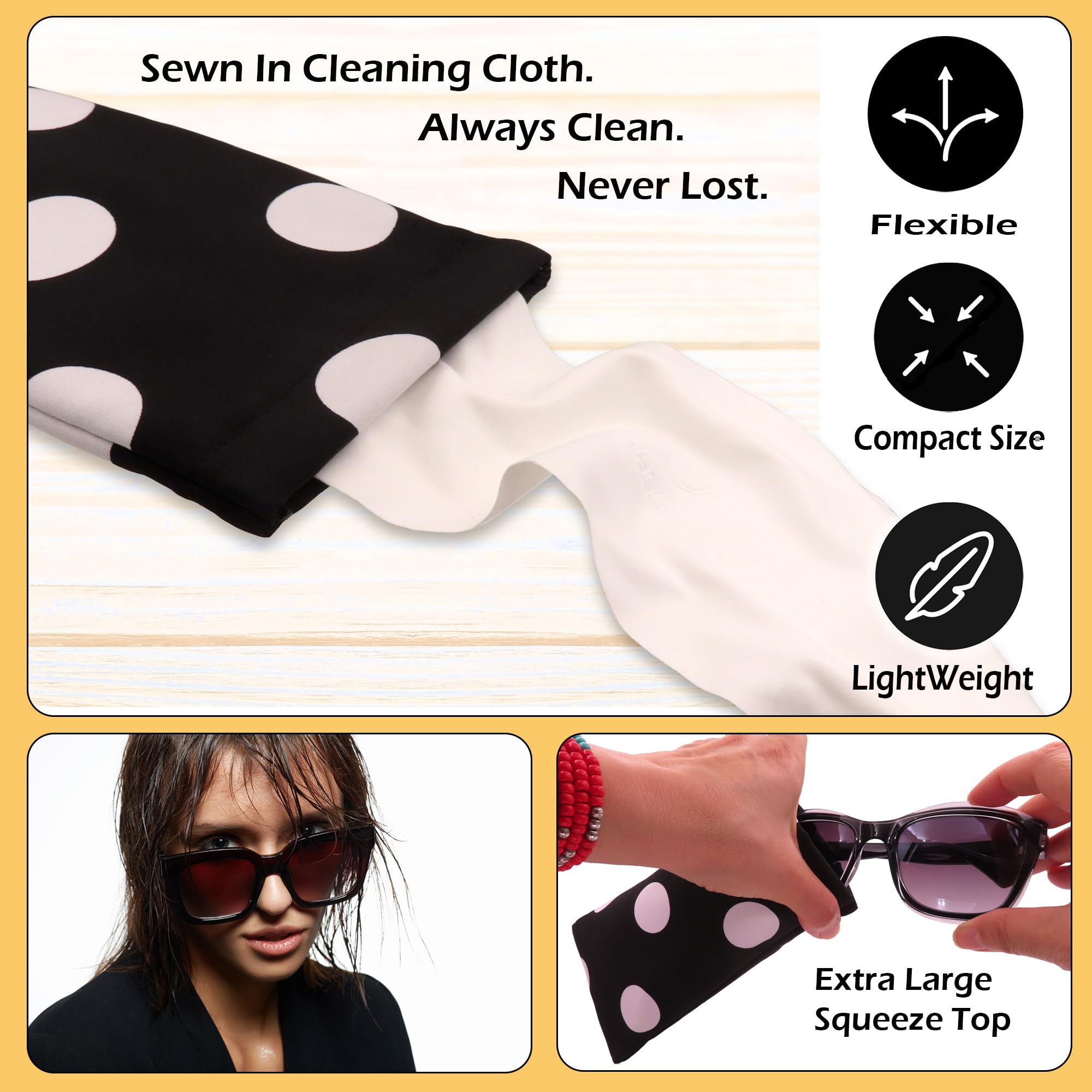 Polka Dots Soft Sunglasses case - Large Eyeglass case Squeeze Top - XL Glasses Holder w/Cloth, Medium To Oversized Frames, Smart