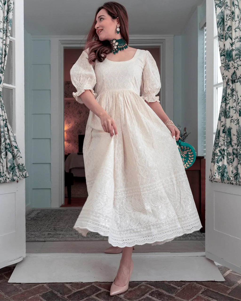 Anni Designer Women'S Pure Cotton Chikankari Embroidered Anarkali Kurta (Shring)