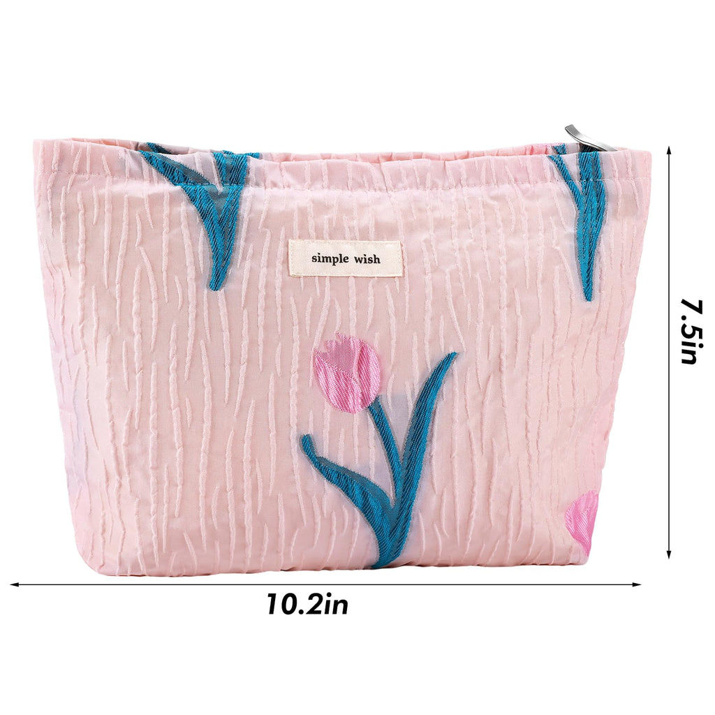 ZLFSRQ Tulip Makeup Bag Travel Cute Pink Flower Floral Cosmetic Bags for Women Large Embroidery Makeup Pouch Zipper Cosmetic Pou