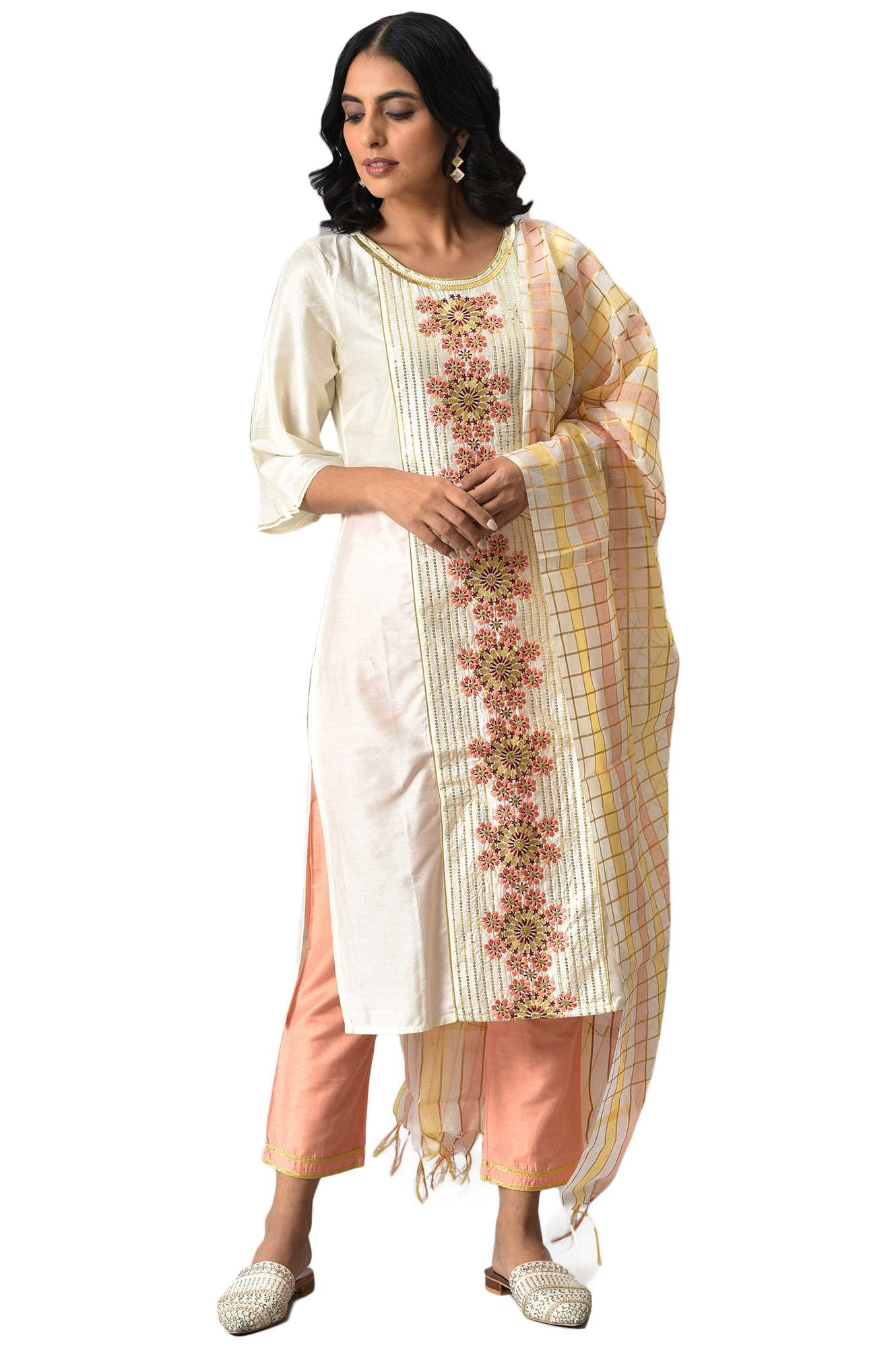 Aurelia WomenS Liva White Embroidered Kurta With Peach Trousers And Banaras Dupatta_22Aud10453-703075_Xxl