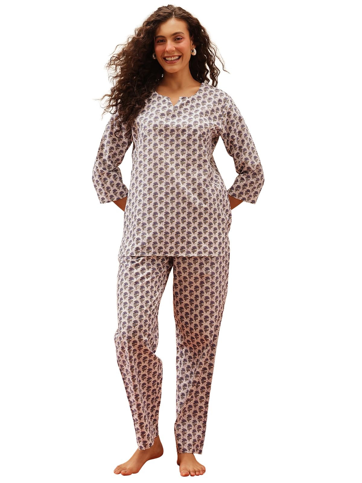 Clovia Womens Cotton Pretty Florals Top & Pyjama (LS0514P08_Blue & White_L)