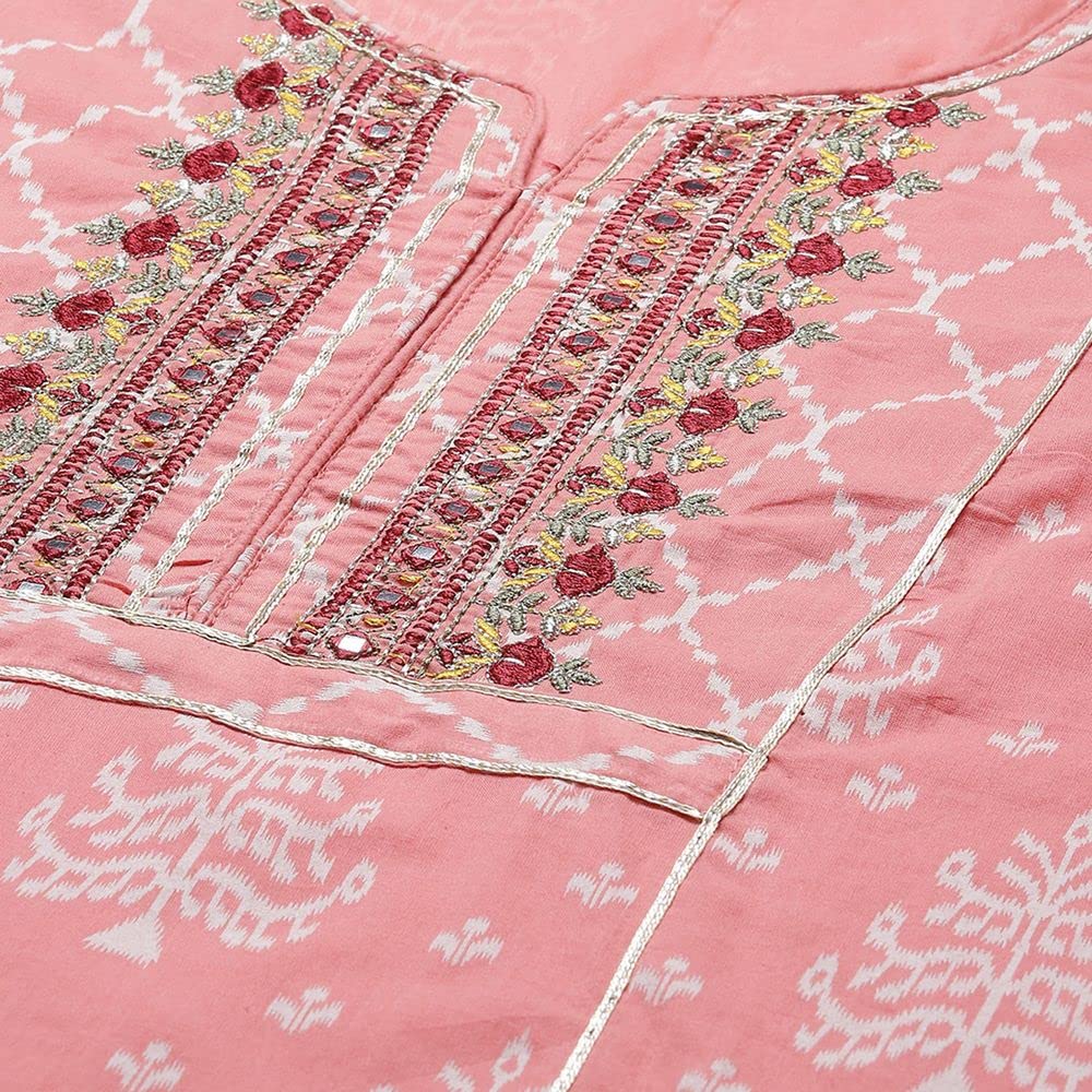 Anubhutee Women'S Pink Yoke Design Regular Gotta Patti Pure Cotton Kurta Suit Set With Palazzos & Dupatta