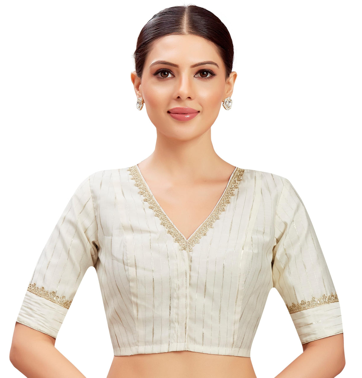 Studio Shringaar WomenS Gold Foil Print Saree Blouse With Elbow Length Sleeves (Off White, 40) 40