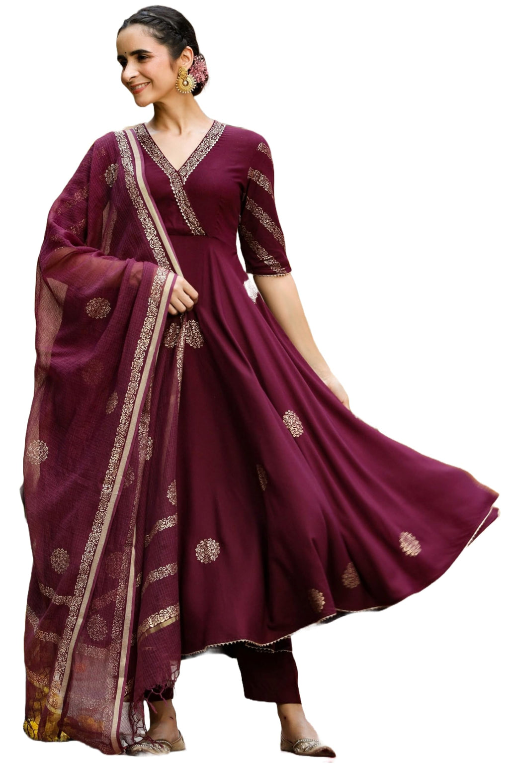 ANNI DESIGNER Womens Cotton Blend Printed Anarkali Kurta with Pant & Dupatta (Berlin Wine_5XL_Wine_XXXXX-Large)