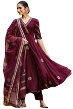 ANNI DESIGNER Womens Cotton Blend Printed Anarkali Kurta with Pant & Dupatta (Berlin Wine_XL_Wine_X-Large)