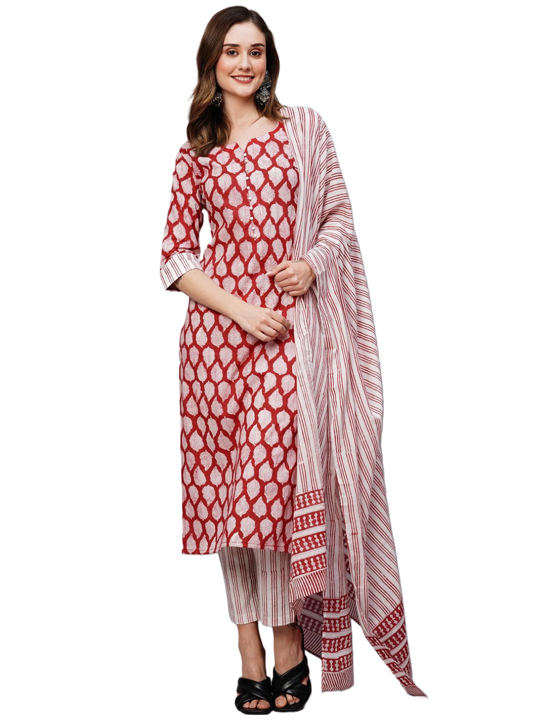 ANNI DESIGNER Womens Cotton Blend Staright Printed Kurta with Pant & Dupatta (Vedavati Red_L_Red_Large)