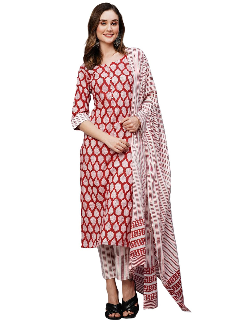 ANNI DESIGNER Womens Cotton Blend Staright Printed Kurta with Pant & Dupatta (Vedavati Red_XXL_Red_XX-Large)
