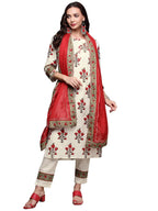 Anubhutee Women'S Cotton Off White Floral Printed Straight Kurta Suit Set With Pants And Dupatta