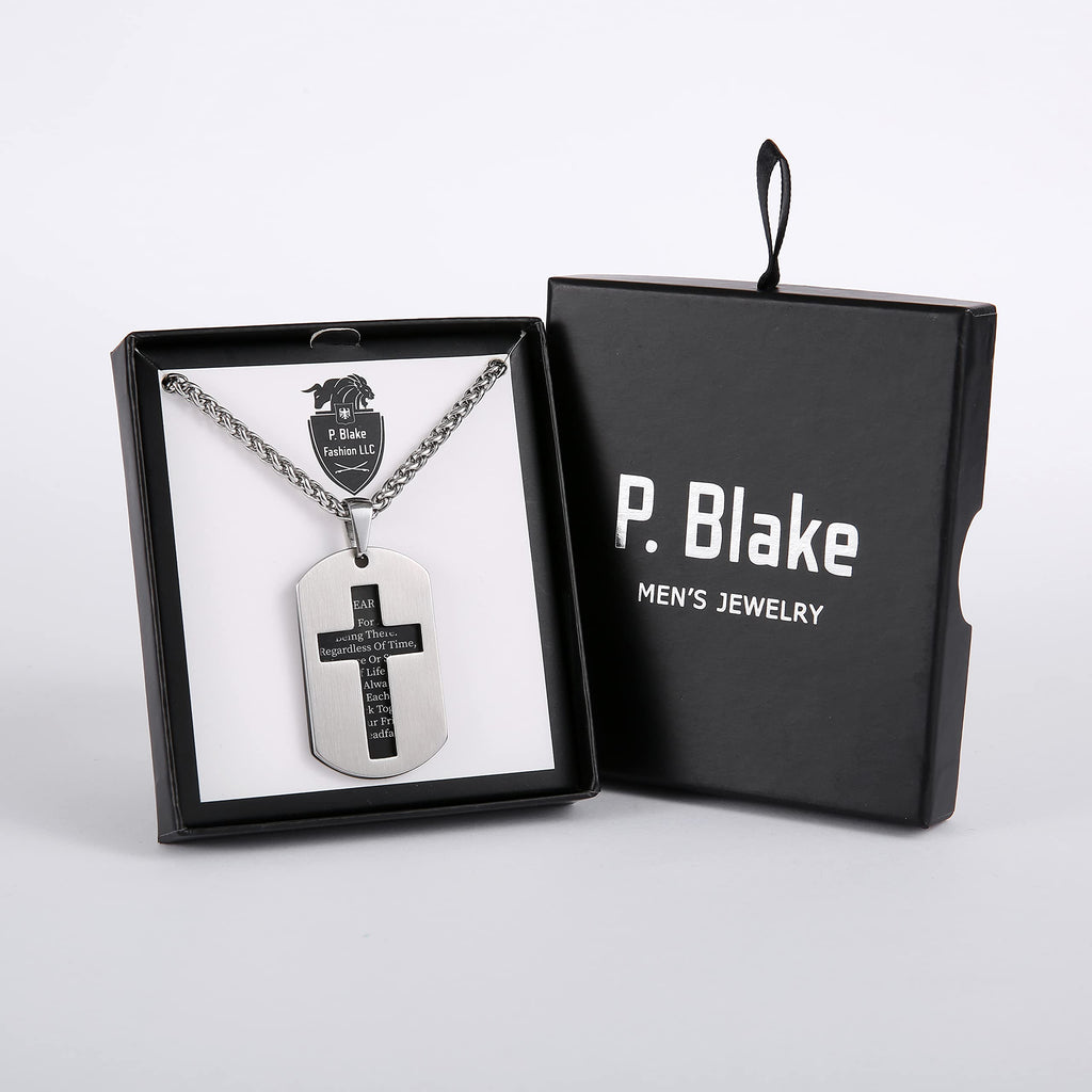 P.Blake Dog Tag Cross Necklace for Friend Stainless Steel Cross Pendant Christian Religious Jewelry Christmas Gifts for Men Boys