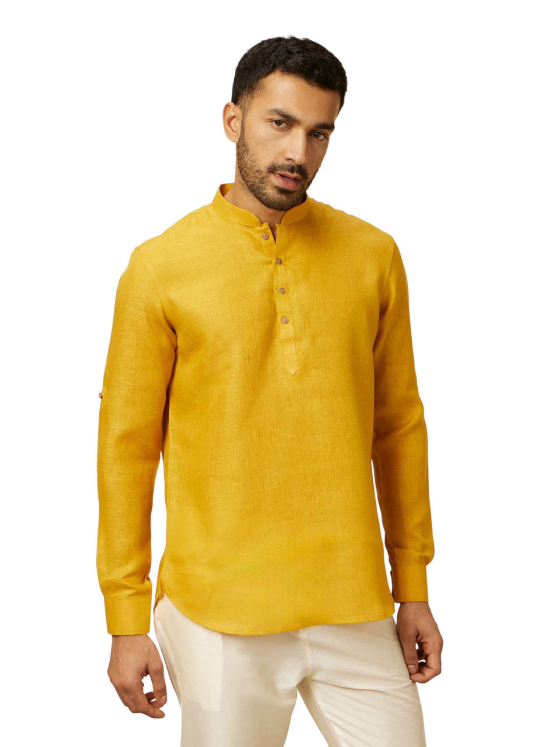 Manyavar Mustard Linen Plain Short Kurta
