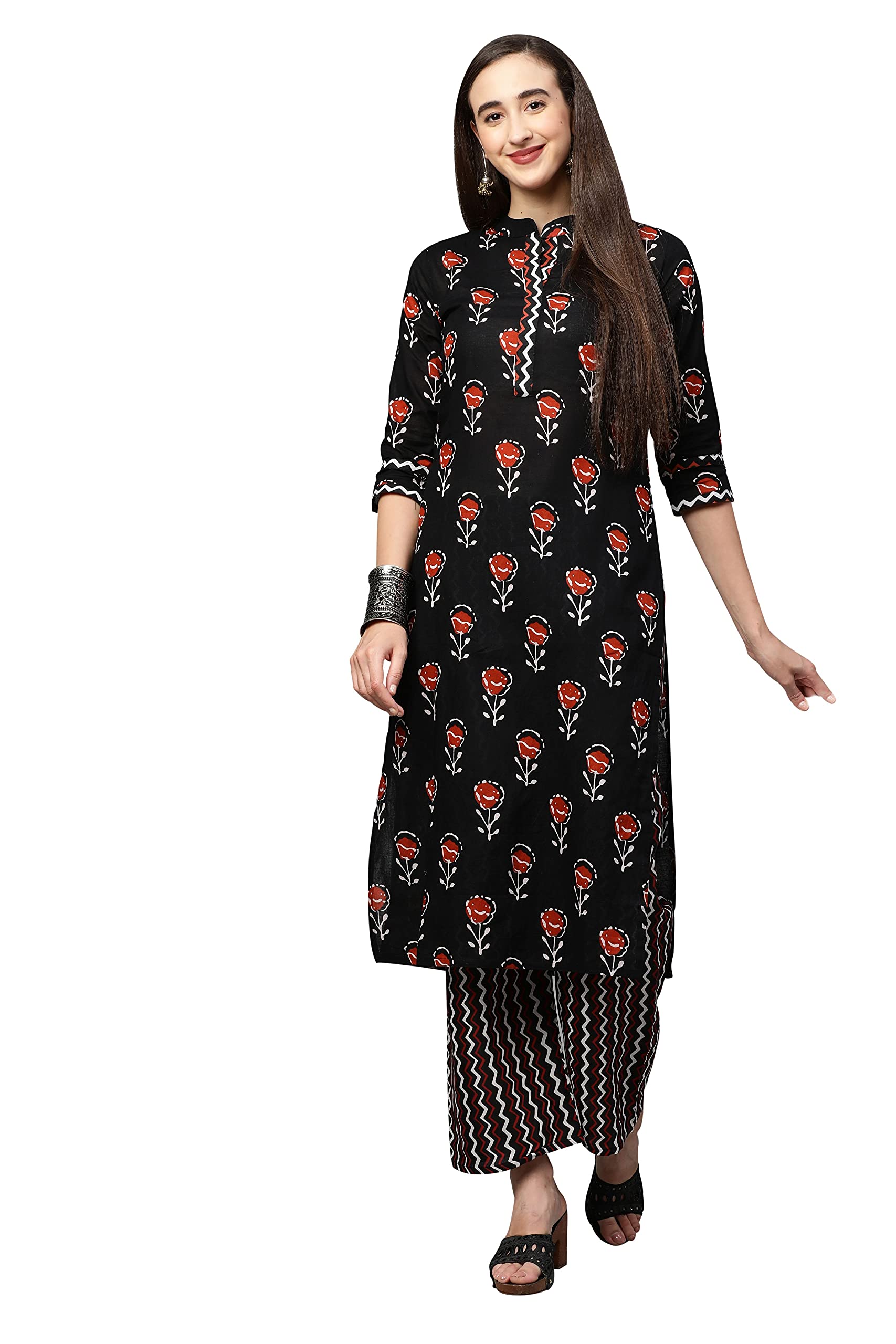 ANNI DESIGNER Women 's Cotton Kurta with Palazzo, Pink, Medium