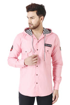 Besix MenS Pink Tailored Fit Cotton Blend Shirt For Man With Hoodie - Casual Long Sleeve Shirt With Pockets - Patch Detail For 