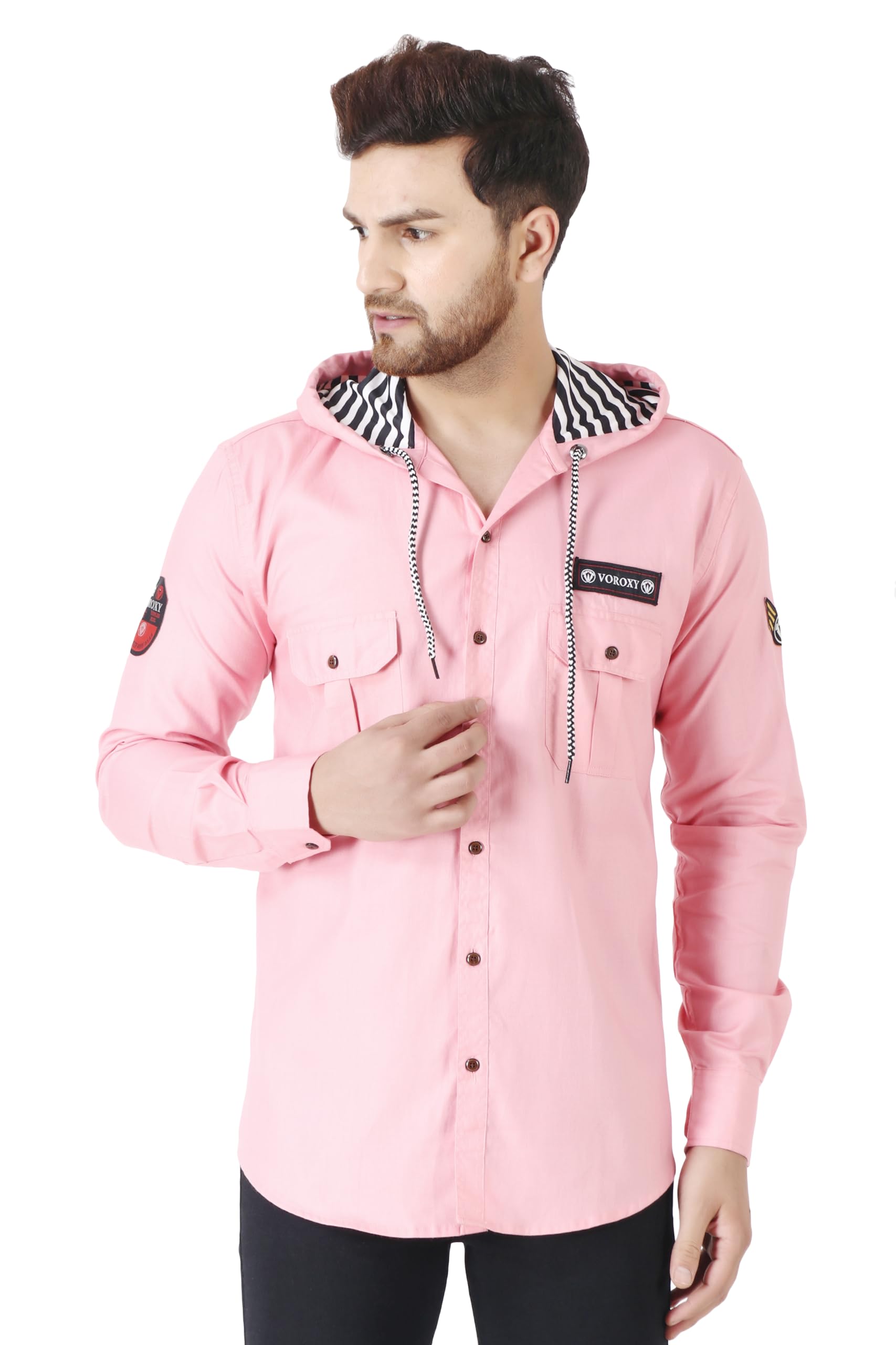Besix MenS Pink Tailored Fit Cotton Blend Shirt For Man With Hoodie - Casual Long Sleeve Shirt With Pockets - Patch Detail For 