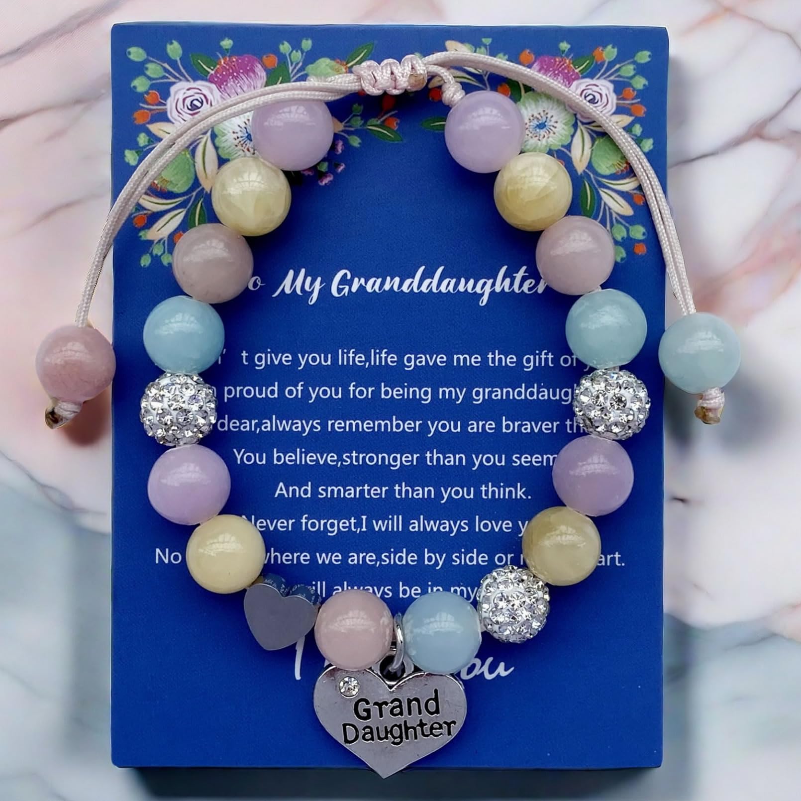 DOLON Handmade Rhinestone Crystal Multi Color Stones Beaded with Heart Granddaughter Charm Bracelet Gift Adjustable for Birthday