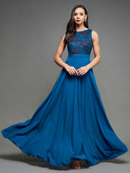 Miss Chase WomenS Round Neck Sleeveless Georgette Floral Lace Fit & Flare Maxi Dress Royal Blue