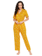 Clovia Womens Rayon Pretty Floral Button Me Up Shirt & Pyjama Set (LS0385E02_Yellow_L)