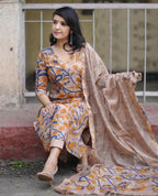 ANNI DESIGNER Womens Rayon Blend Printed Straight Kurta with Pant & Dupatta (Kalam Chiku_M_Beige_Medium)