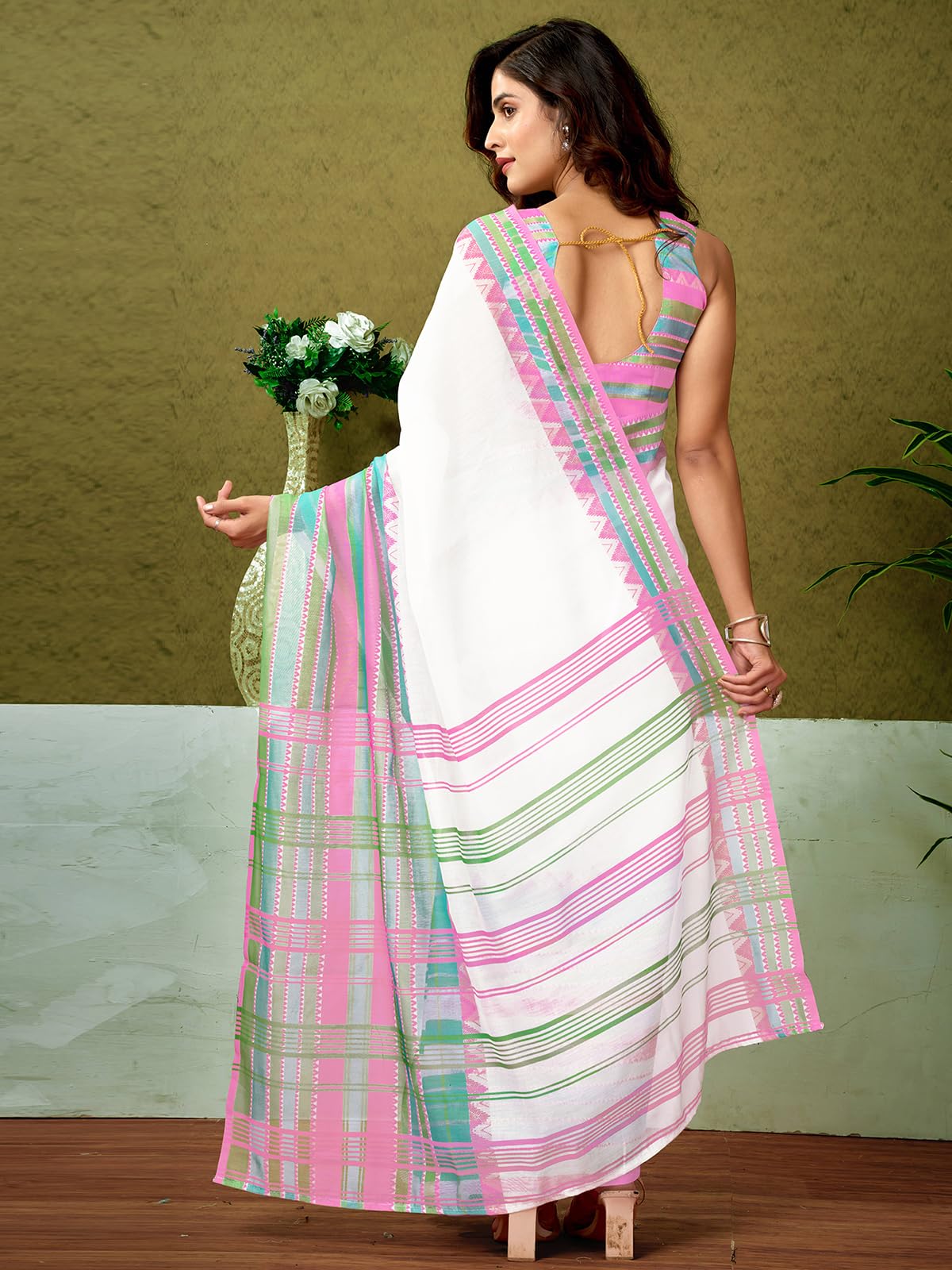 Satrani WomenS Chanderi Cotton Printed Ready To Wear One Minute Pre Pleated Readymade Saree With Unstitched Blouse Piece (32Rs3