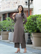 Varanga Women Taupe Crepe Round Neck Kurta with Bottom, Three-Quarter Sleeves, Straight Cut, Side Slit, Tonal Bottom