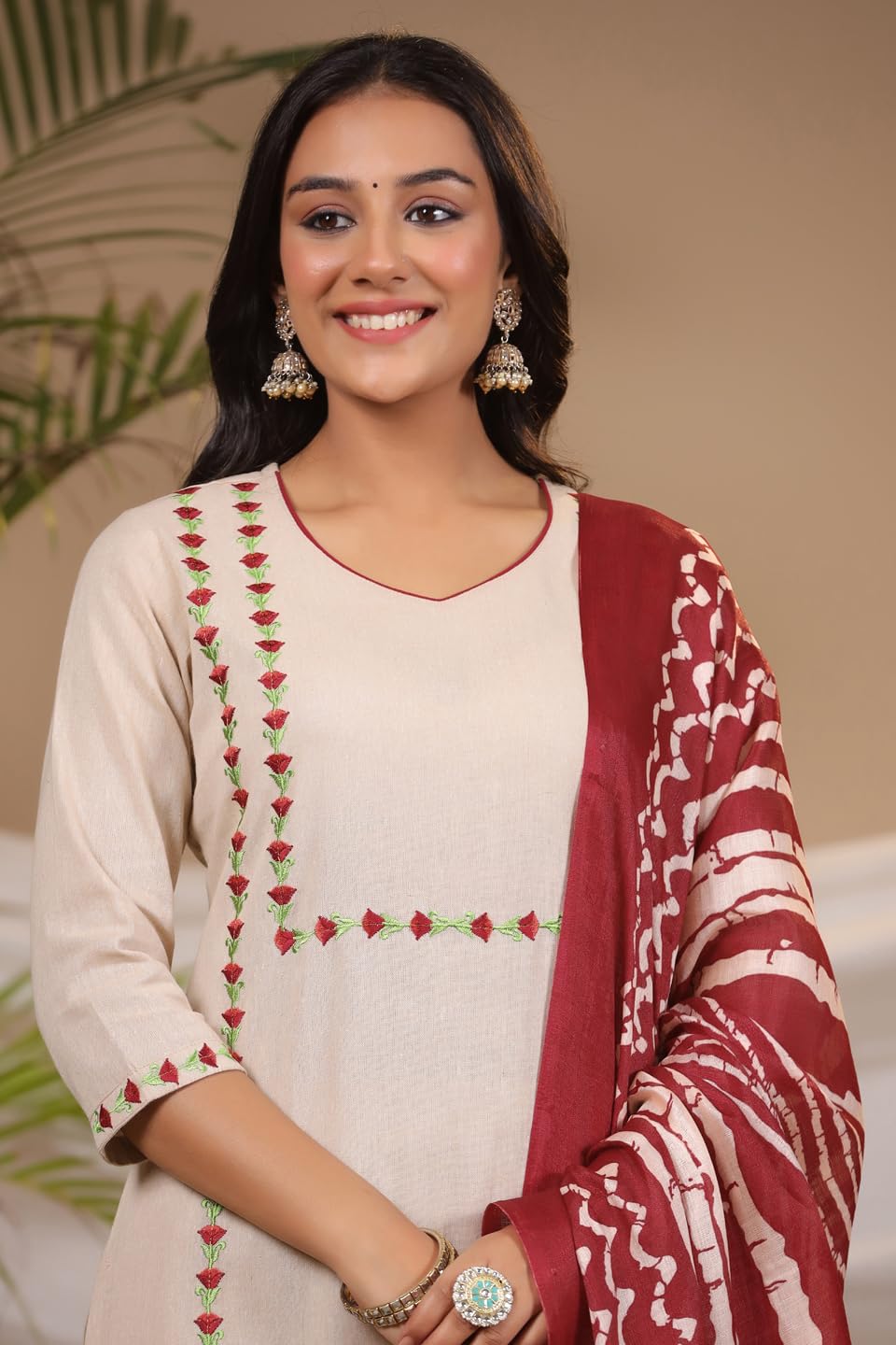 ANNI DESIGNER Ladies Cotton Kurta with Trousers and Dupatta, beige, M