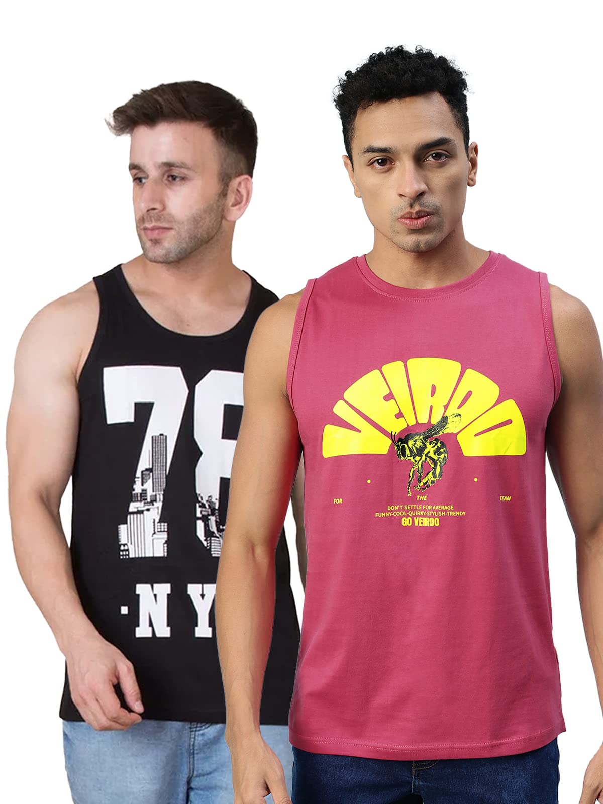 Veirdo Men's Regular Fit Sleeveless Graphic Star Printed T-Shirt Combo Po2 G5 Vrdvm Star