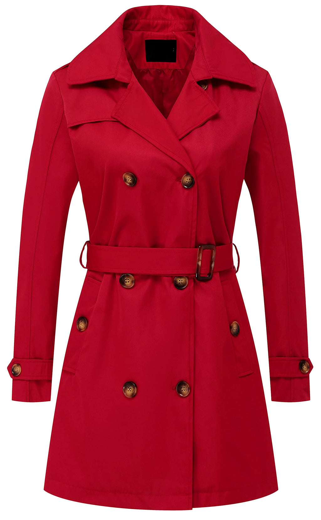 Chrisuno Women Solid Color Jacket Adults Long Sleeve Lapel Double Breasted Belted Trench Coat Red M