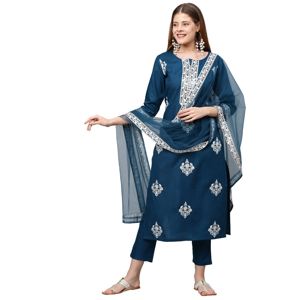 ANNI DESIGNER Women's Cotton Blend Straight Embroidered Kurta with Pant & Dupatta (Weekend Rama-New_XXL_Rama_XX-Large)