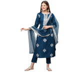 ANNI DESIGNER Women's Cotton Blend Straight Embroidered Kurta with Pant & Dupatta (Weekend Rama-New_XXL_Rama_XX-Large)
