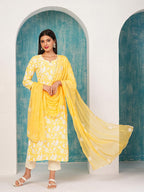 ANNI DESIGNER Ladies Cotton Blend Kurta with Trousers and Dupatta, yellow, L