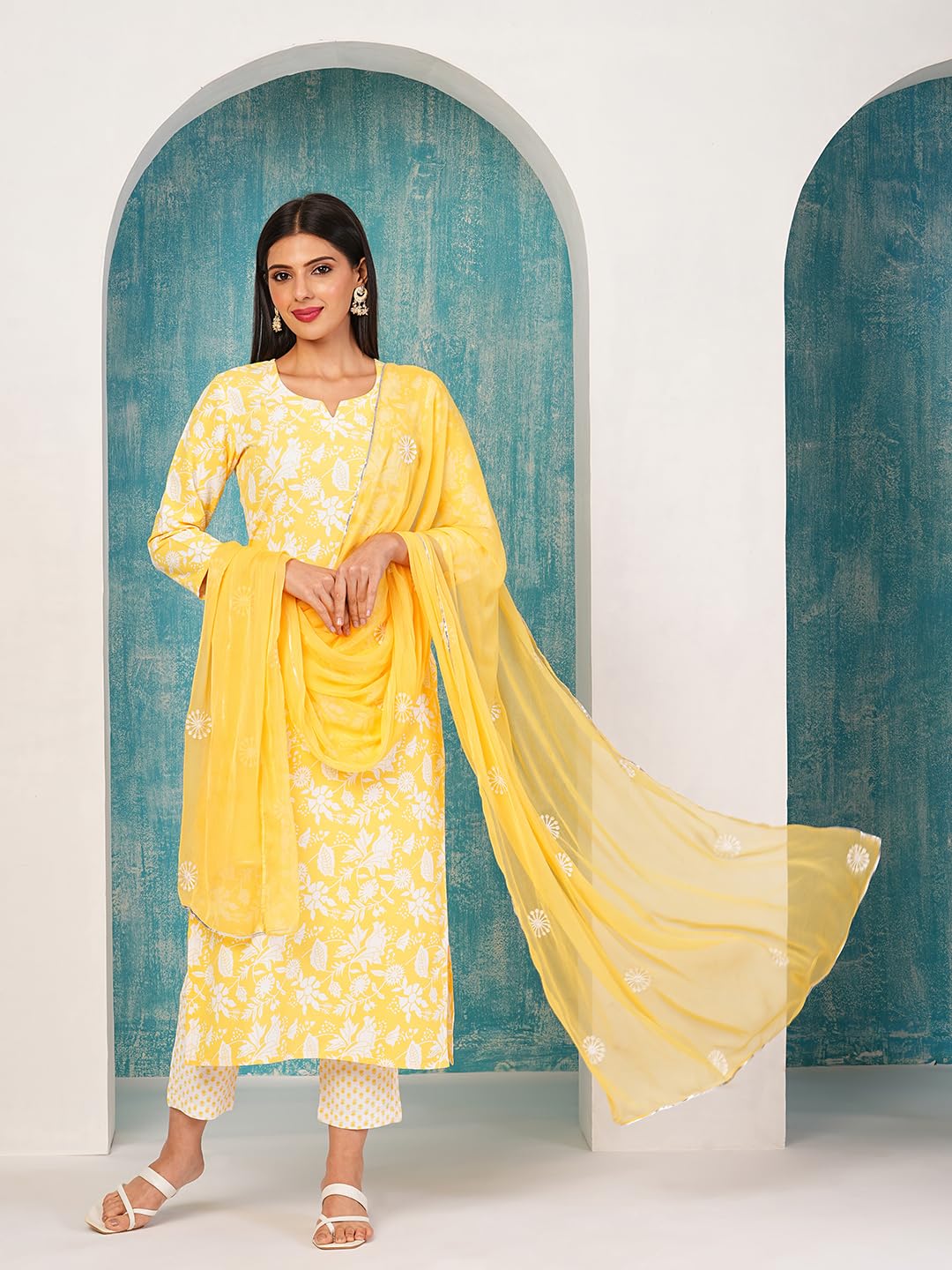 ANNI DESIGNER Ladies Cotton Blend Kurta with Trousers and Dupatta, yellow, L