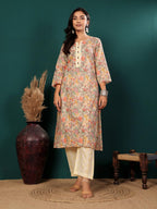 Varanga Varnaga Grey And Green Floral Printed Straight Kurta With Trouser Set | Round Neckline With V-Cut | 3/4Th Sleeves | Side