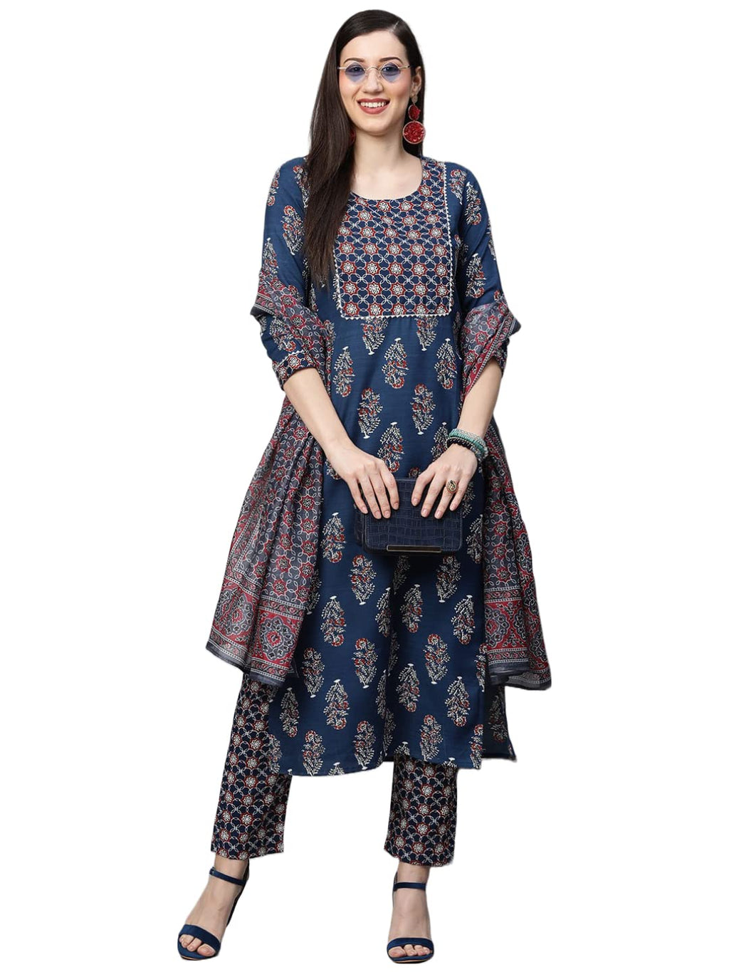 Gosriki Women'S Cotton Blend Straight Printed Kurta With Pant & Dupatta Set (Jasmine Blue-Nv_Xxl-Gs_Blue_Xx-Large)