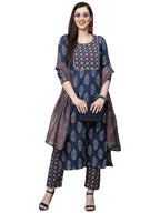 Gosriki Women'S Cotton Blend Straight Printed Kurta With Pant & Dupatta Set (Jasmine Blue-Nv_Xxl-Gs_Blue_Xx-Large)