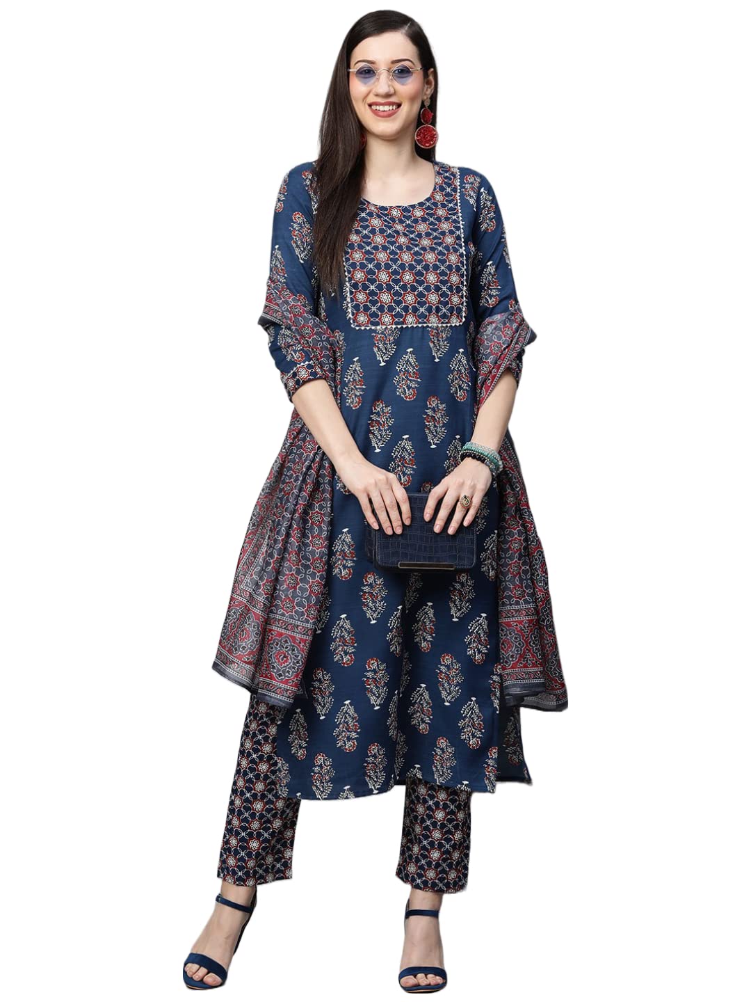 Gosriki Women'S Cotton Blend Straight Printed Kurta With Pant & Dupatta Set (Jasmine Blue-Nv_Xxl-Gs_Blue_Xx-Large)