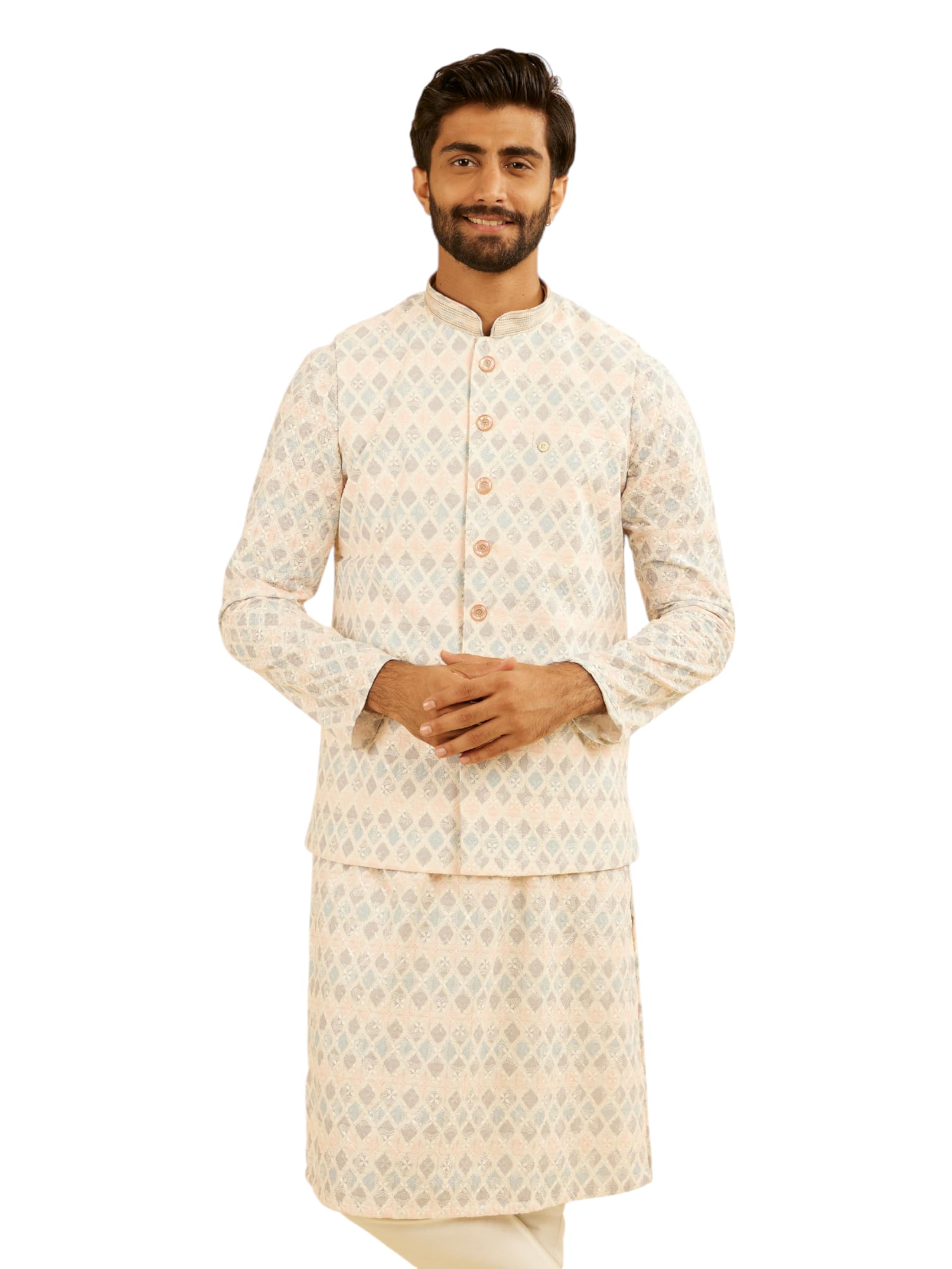 Manyavar Mens Cotton Blend Chikankari Printed Nehru Jacket (Warm White,XXXL)