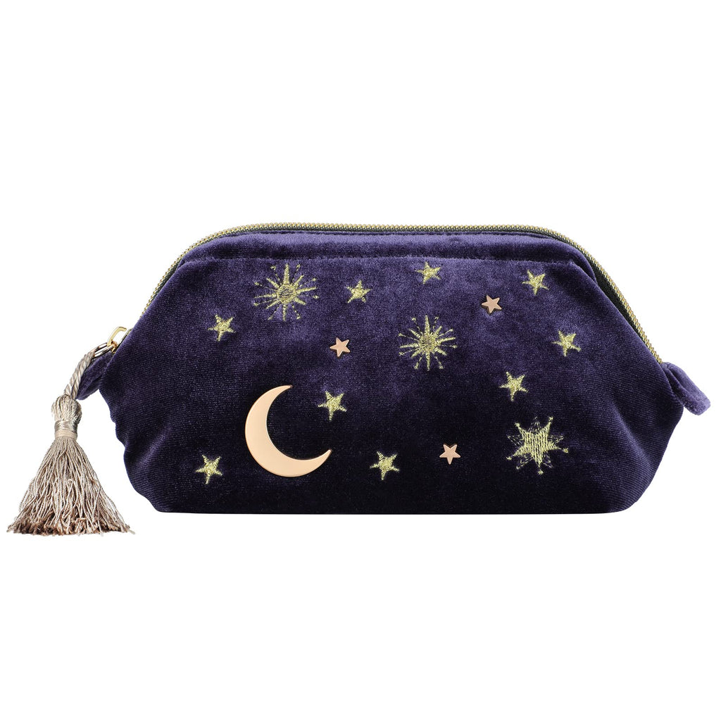 Handy cosmetic makeup bag,Navy Velvet Embroidered Applique Moon Stars Cosmetic Bag,Starry Makeup Pouch with Tassels & Pearl Zipp