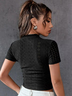 Sugathari Girls & Womens Black Casual Semitransparent Cropped High-Neck Lace Trim Ladies T-Shirt, Short Sleeve Schiffli Crop T