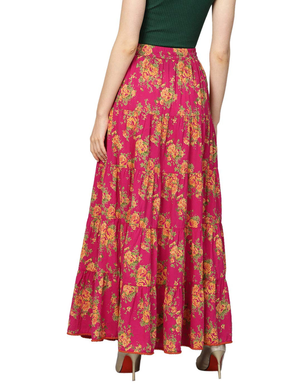 Varanga Fushcia Floral Printed Tiered Skirt with Drawstring and Tassels at Waist Band with pom-pom lace at Hemline