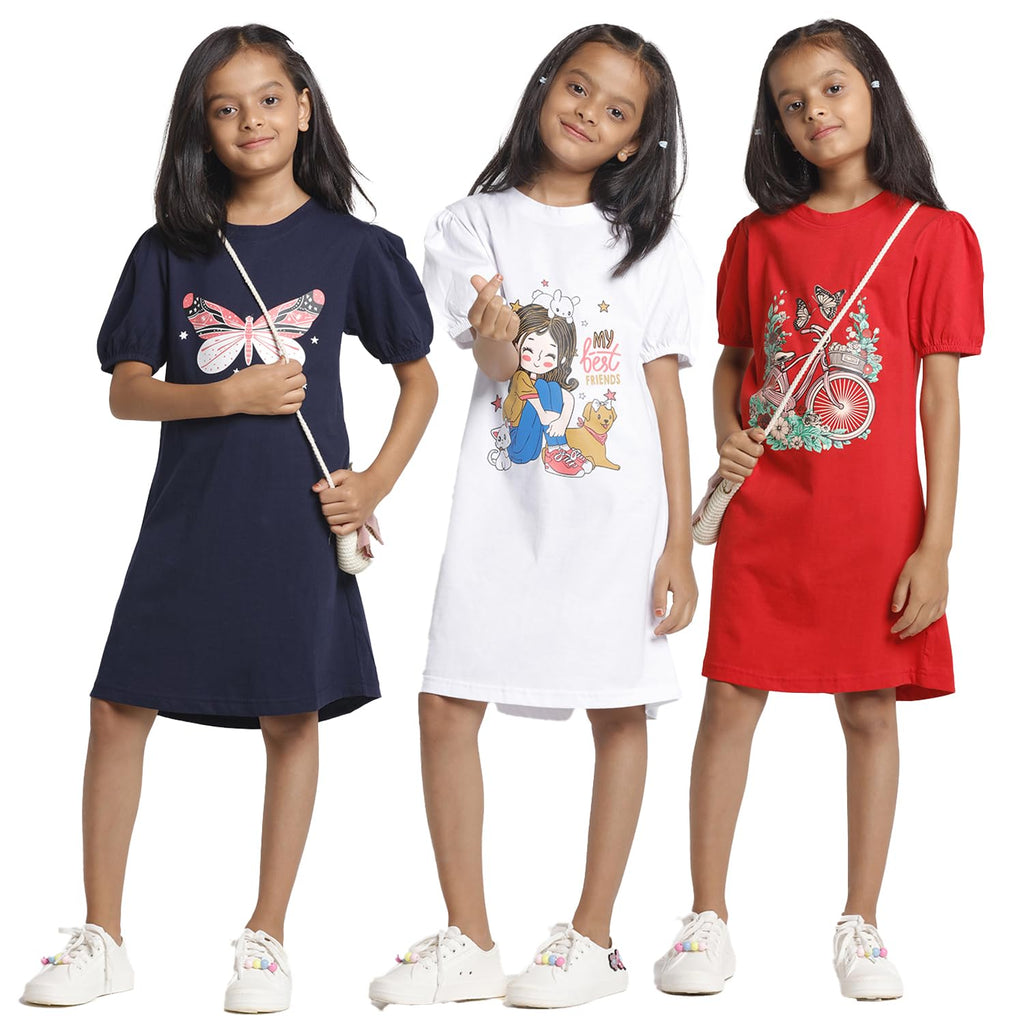 T2F Girls Puffed Sleeve 100% Cotton Knee Length Printed Nightgown, Nightdress, Sleepwear (Pack of 3) Multicolour