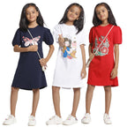 T2F Girls Puffed Sleeve 100% Cotton Knee Length Printed Nightgown, Nightdress, Sleepwear (Pack of 3) Multicolour